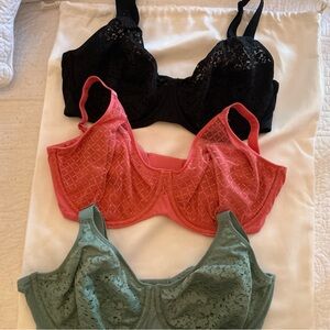 3 Chantelle Norah Lace Underwire Bra. Black, Pink, Green